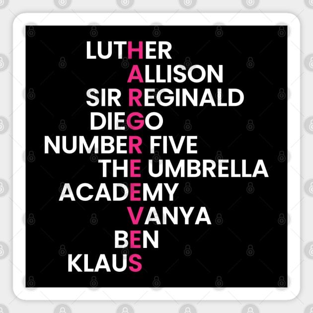 The Hargreeves Family - The Umbrella Academy (White) Magnet by viking_elf